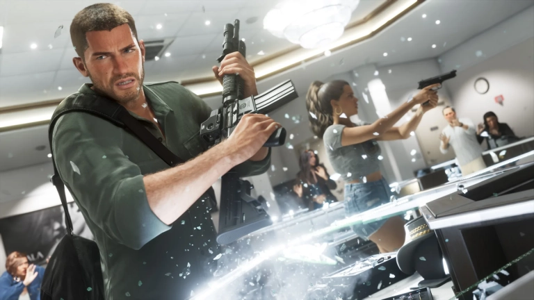 Jason grips a rifle behind a jewellery counter while Lucia aims a pistol across a shop full of shattering glass in GTA 6.