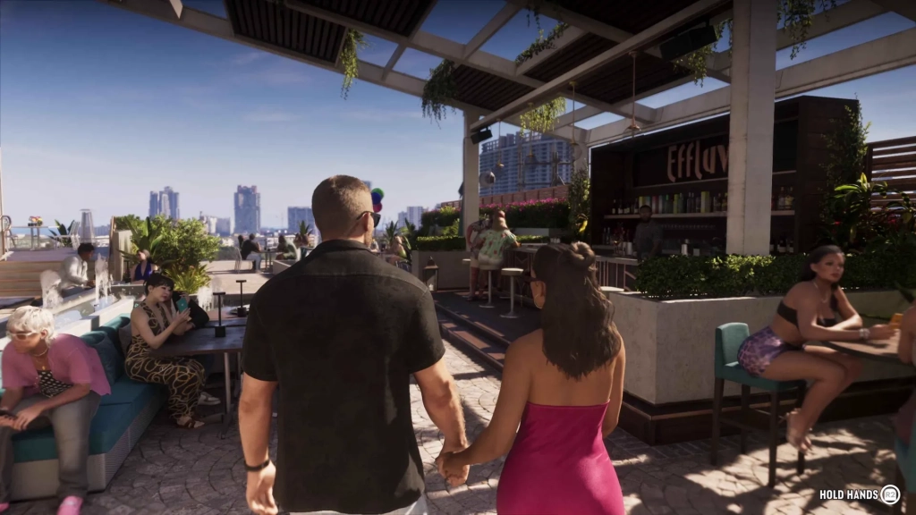 Jason et Lucia se tiennent la main sur un rooftop bondé de Vice City