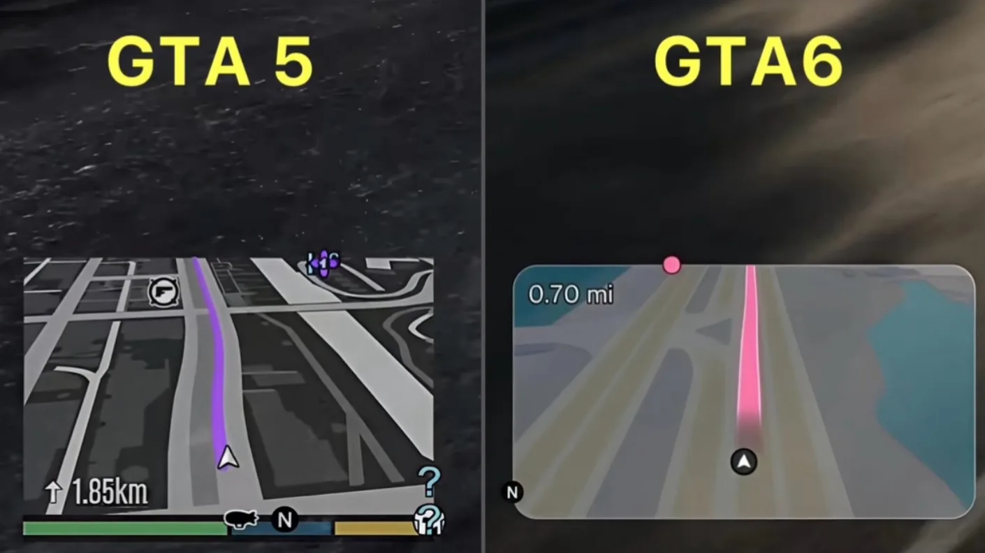Comparaison entre la minimap plate de GTA 5 et la minimap 3D de GTA 6 avec un itinéraire rose