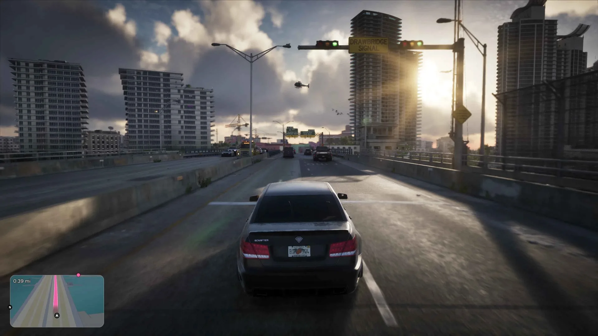 Voiture dans GTA 6 avec minimap affichant un trajet GPS rose et une distance restante de 0,39 mile