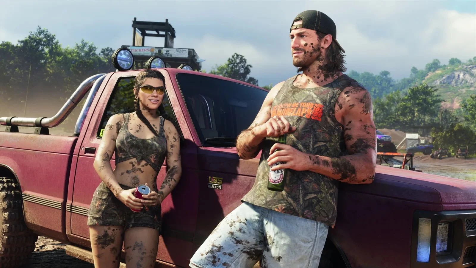 Deux habitants de Leonida couverts de boue devant un pick-up, capture de GTA 6 publiée par Bloomberg