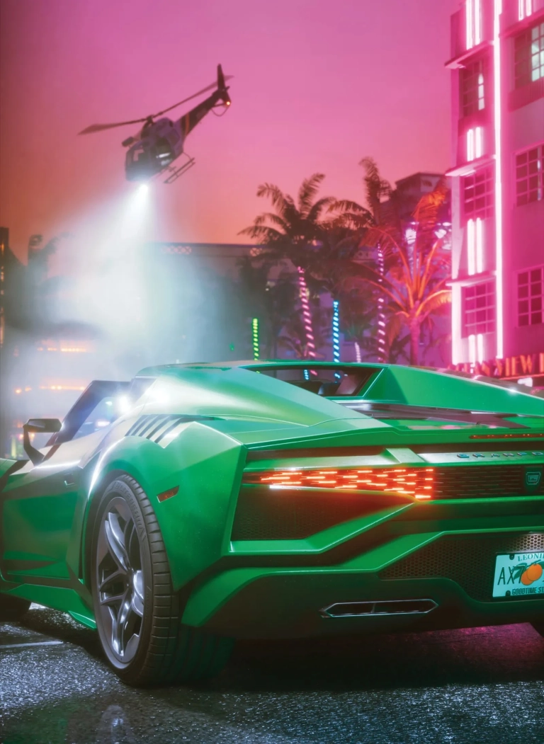 Supercar verte poursuivie par un hélicoptère de police à Vice City, capture de GTA 6 publiée par Bloomberg