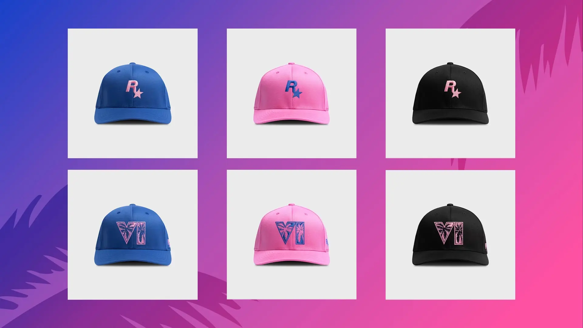 Six casquettes officielles GTA 6 avec les logos Rockstar et VI en bleu, rose et noir