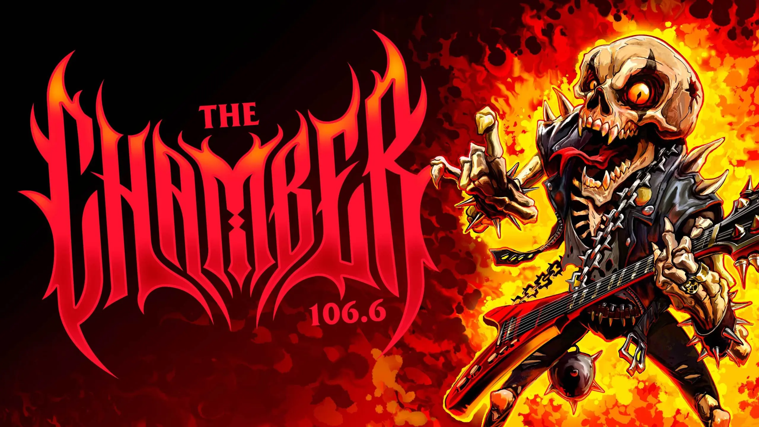 Logo The Chamber 106.6 de GTA 6 avec un squelette jouant de la guitare électrique