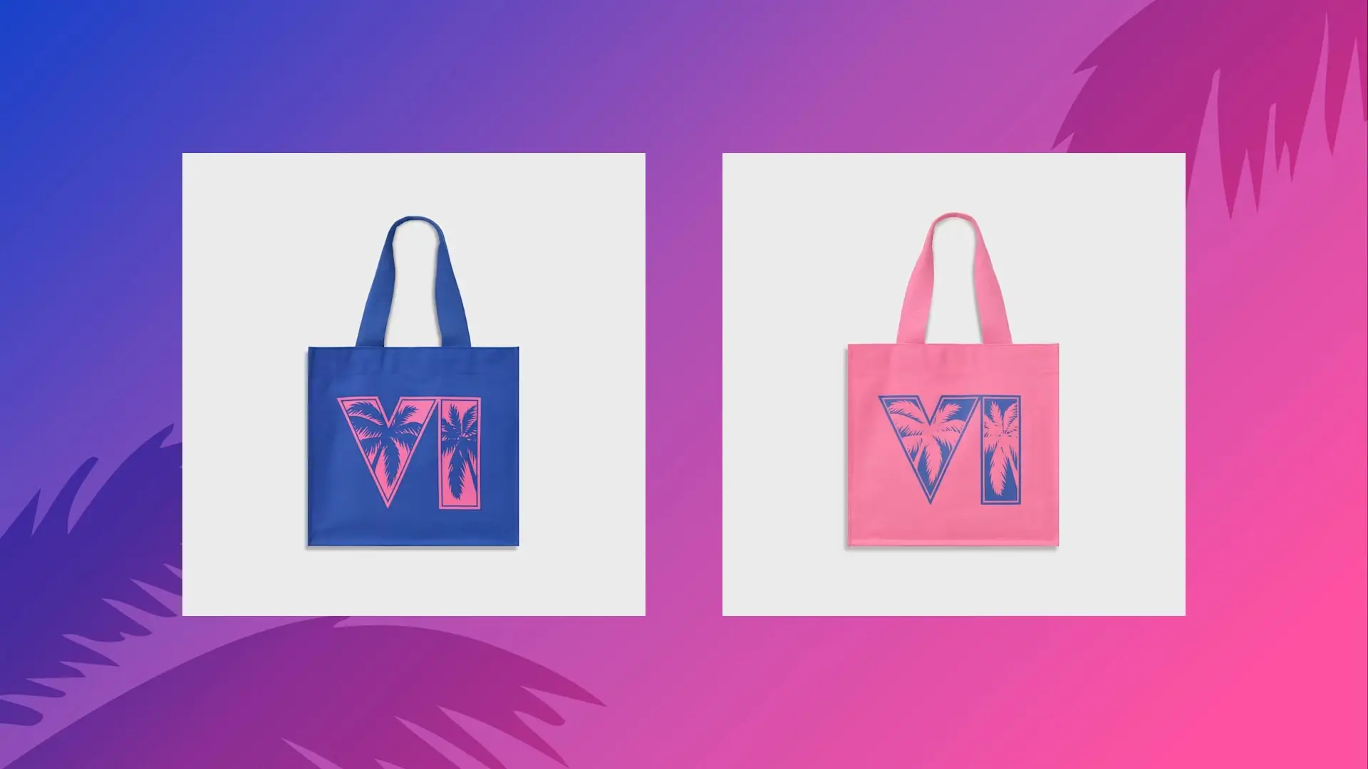 Deux tote bags officiels GTA 6 bleu et rose avec logo VI et palmiers