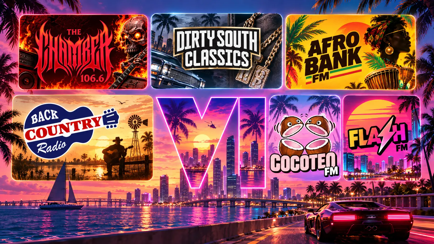 Les six radios officielles de GTA 6 avec Flash FM, Cocoteo FM, AfroBank FM, Dirty South Classics, Back Country Radio et The Chamber